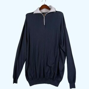 Toscano Mens XLT 1/4 Zip Sweater Cotton Rayon Navy Gray Made Italy Soft Knit